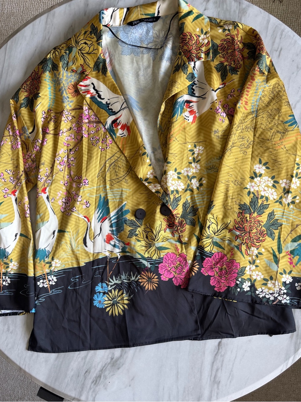 ZARA Women’s Satin Kimono Blazer Golden Floral Crane Print * No Belt *  EUC XL - Picture 3 of 5